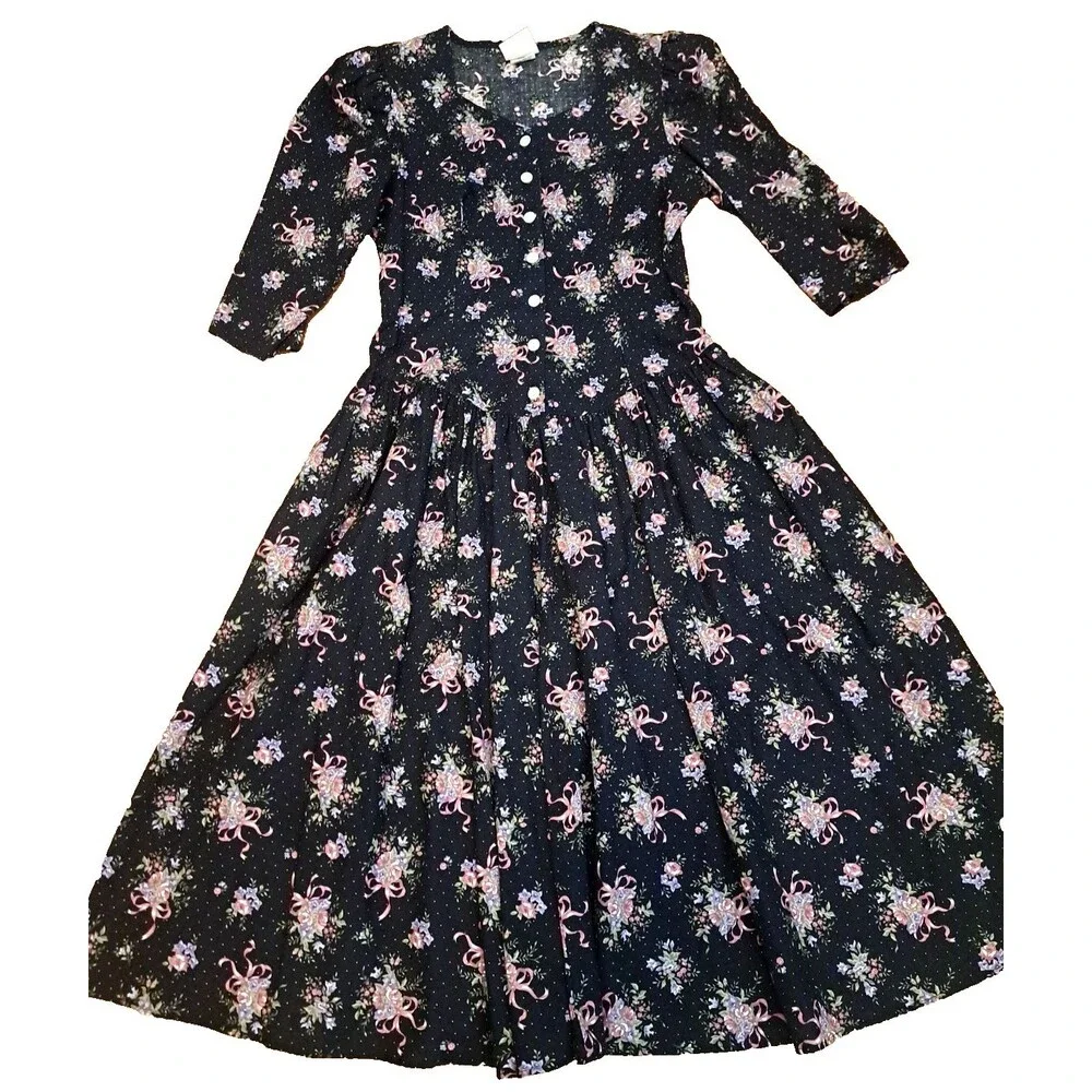 Vintage 90s Drop Waist Dress Black Floral Button Front Pockets Coquette Twee L